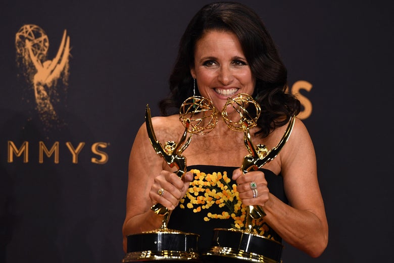 Julia Louis-Dreyfus poses with the Emmy for Outstanding Lead Actress in a Comedy Series for 'Veep' during the 69th Emmy Awards at the Microsoft Theatre on September 17, 2017 in Los Angeles, California.